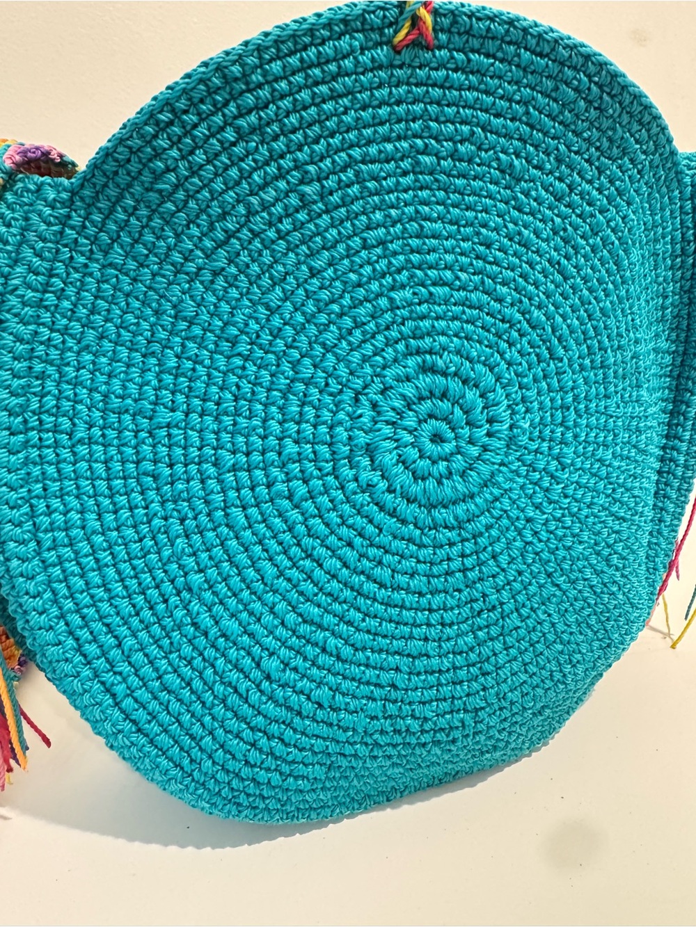 Handmade Rare Wayuu Colombian Mochila bag teal and multi color round - Picture 8 of 11